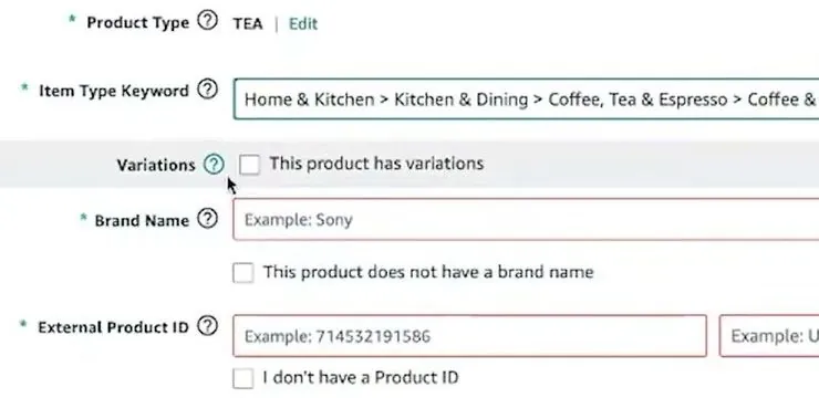 Amazon Add a Product form rows for Product Type, Item Type Keyword, Variations, Brand Name with a does not have a brand name checkbox, and External Product ID with an I don't have a Product ID checkbox