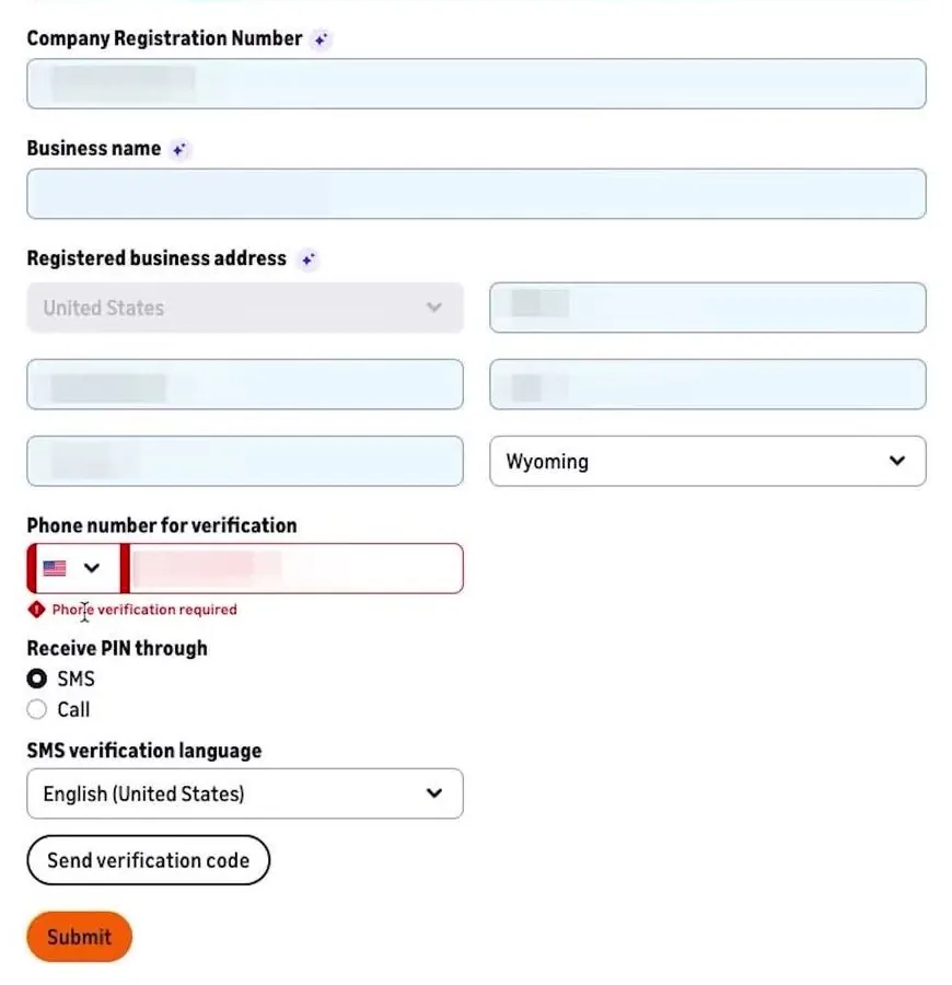 Amazon Business Information form with boxes for company registration number, business name, registered business address and phone number for verification, SMS and Call choices, a Send verification code button and an orange Submit button, with the entries blurred