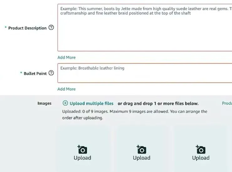 Amazon Description tab with a Product Description box, a Bullet Point box with Add More links, and an Images area showing Uploaded 0 of 9 images and Upload tiles