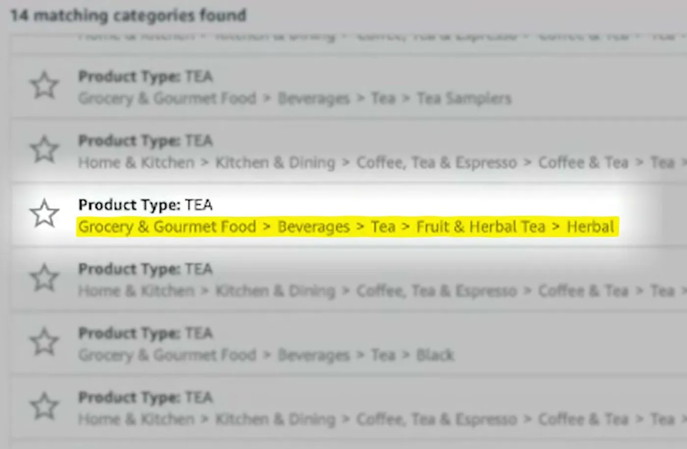 Amazon list of matching categories under the heading 14 matching categories found, each row showing a Product Type and a category path, with one row highlighted in yellow