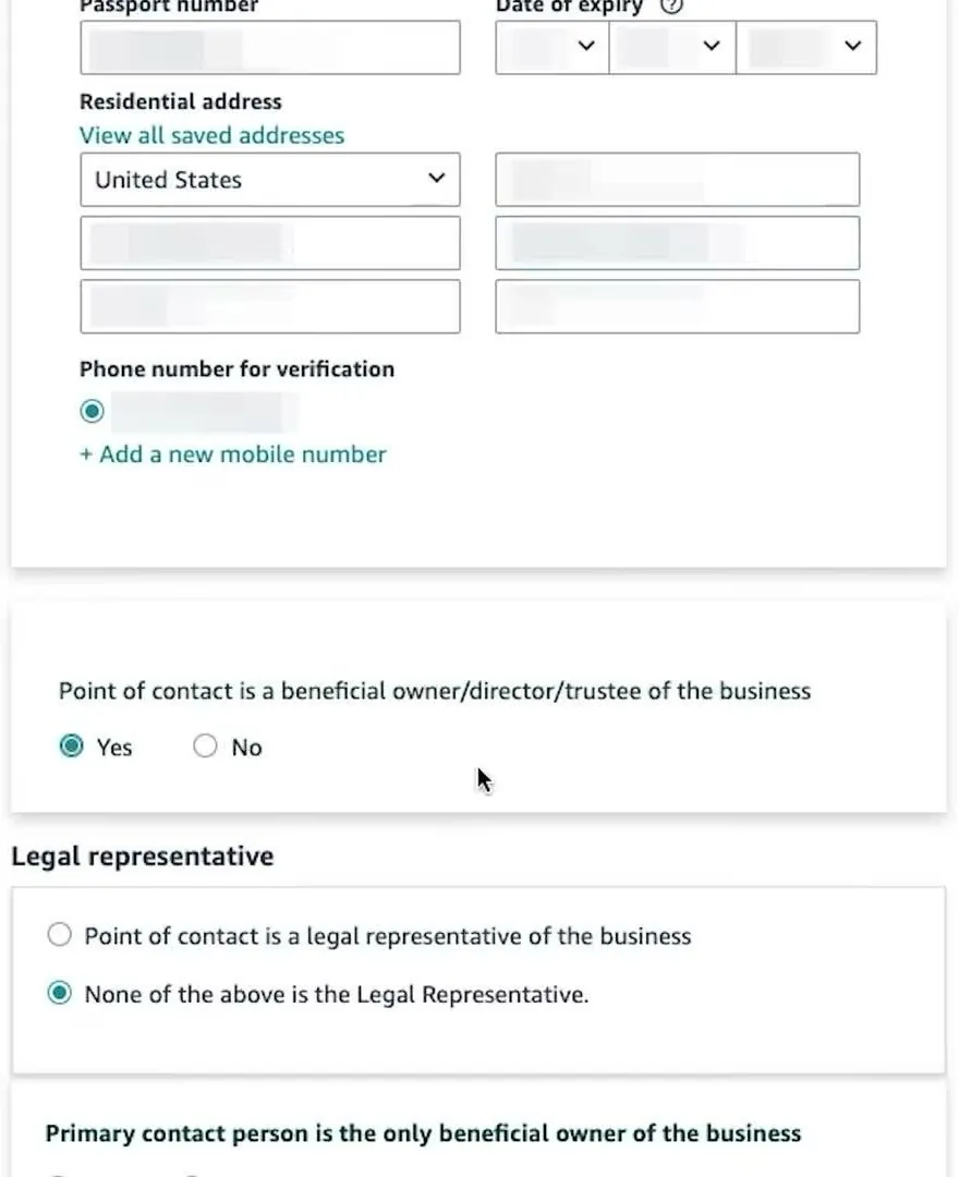 Amazon primary contact form with blurred passport number, expiry date, residential address and phone number, then Yes and No choices for Point of contact is a beneficial owner, and a Legal representative section