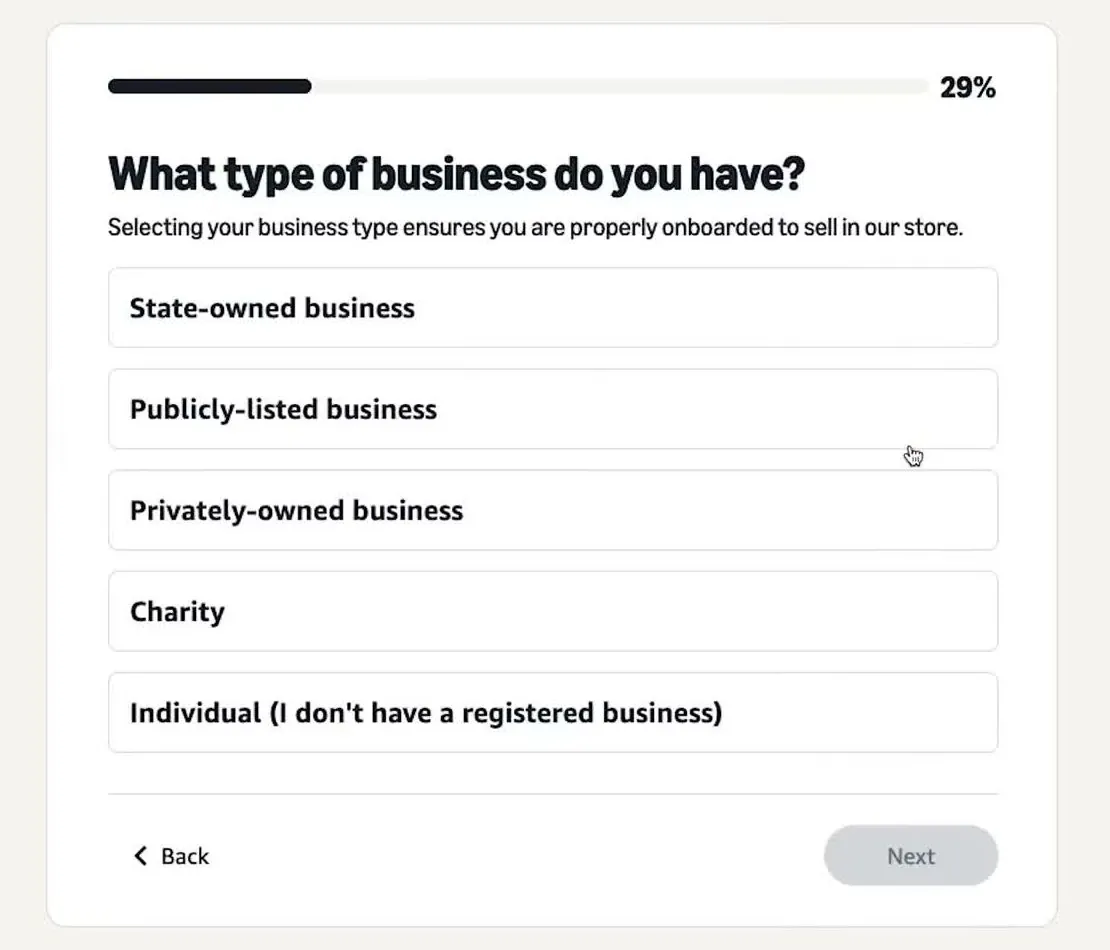 Amazon screen asking What type of business do you have, with five choices from State-owned business to Individual with no registered business, a progress bar at 29 percent and a grey Next button
