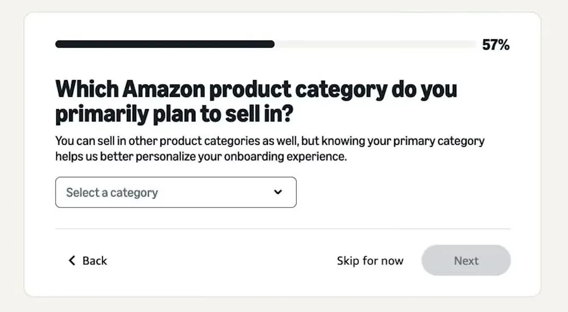 Amazon screen asking which Amazon product category you primarily plan to sell in, with a Select a category menu, a Back link, a Skip for now button and a grey Next button