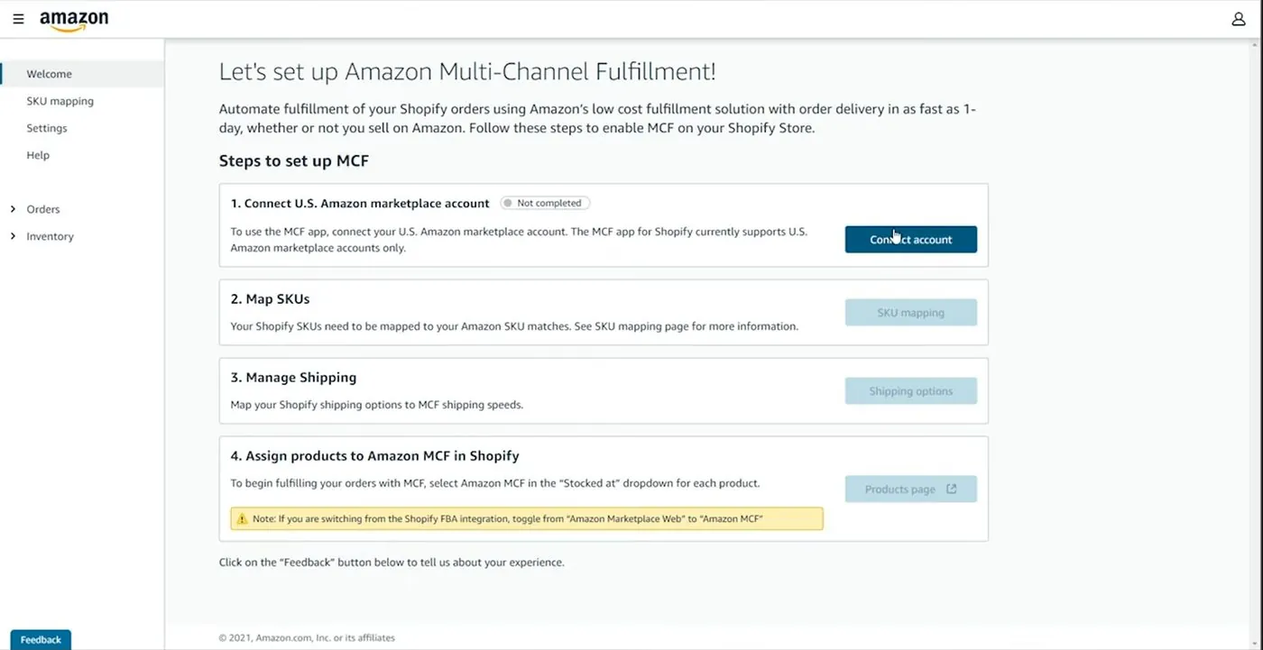Amazon's Let's set up Amazon Multi-Channel Fulfillment screen with four steps: Connect U.S. Amazon marketplace account marked Not completed, Map SKUs, Manage Shipping and Assign products to Amazon MCF in Shopify
