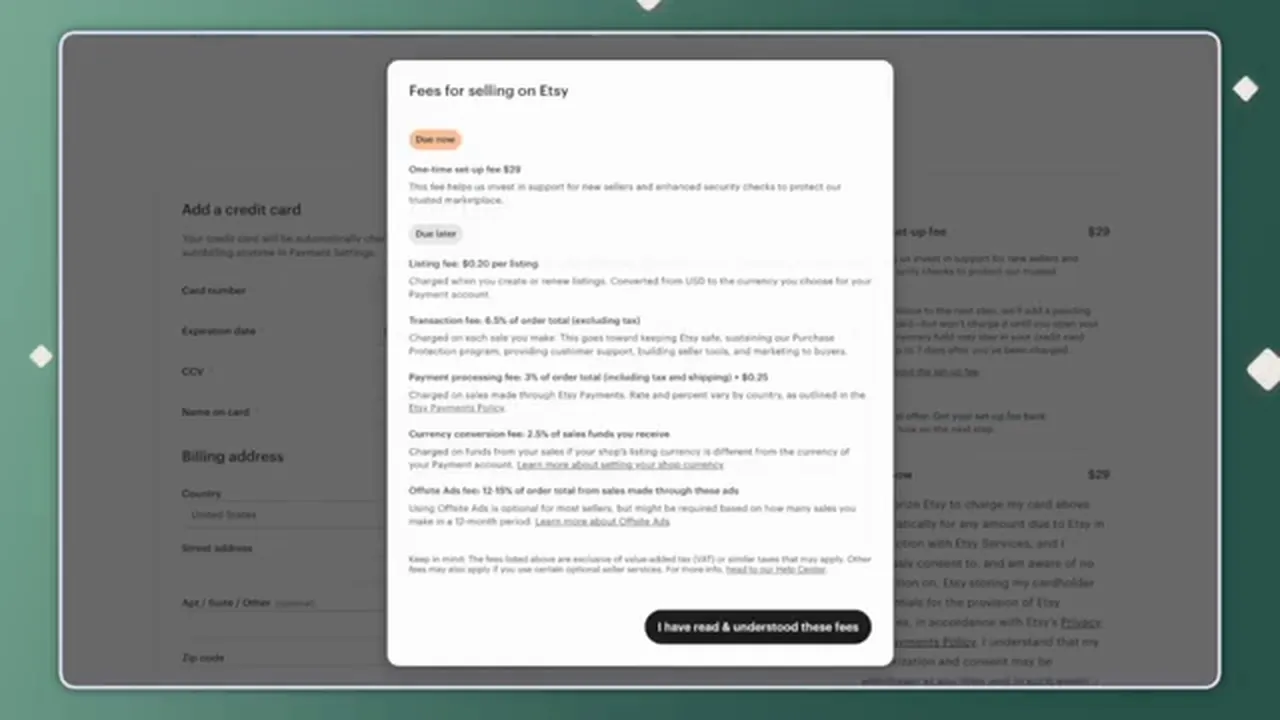 Etsy's Fees for selling on Etsy pop-up listing a one-time set-up fee due now and listing, transaction, payment processing, currency conversion and Offsite Ads fees due later