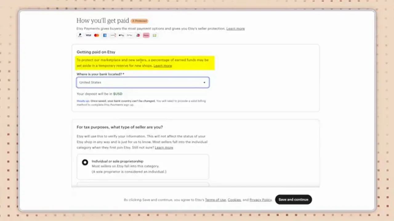 Etsy's How you'll get paid screen with a highlighted note about a temporary reserve for new shops, a bank country menu set to United States, and a tax question with Individual or sole proprietorship selected