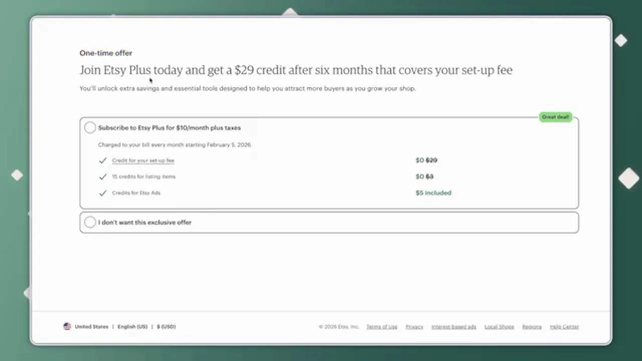 Etsy's One-time offer screen for Etsy Plus at $10 a month, with a second choice reading I don't want this exclusive offer