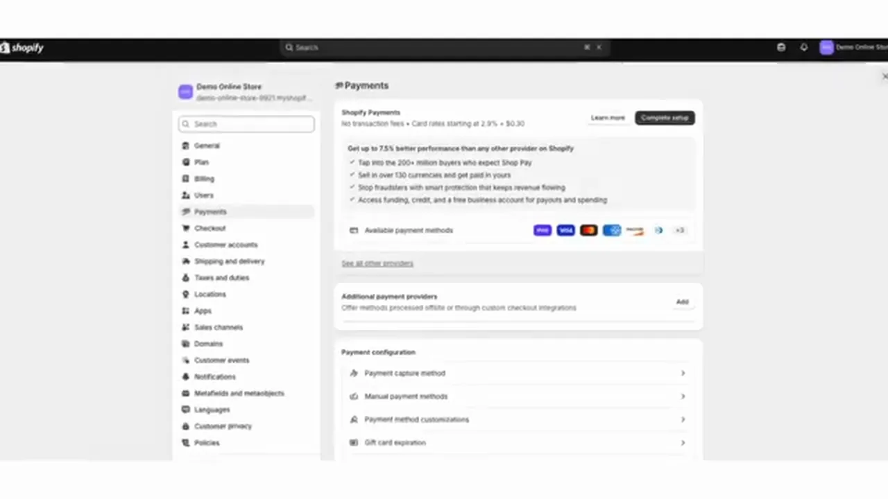 Shopify's Settings Payments page with a Shopify Payments card showing card rates starting at 2.9% + $0.30 and a Complete setup button, plus an Additional payment providers section