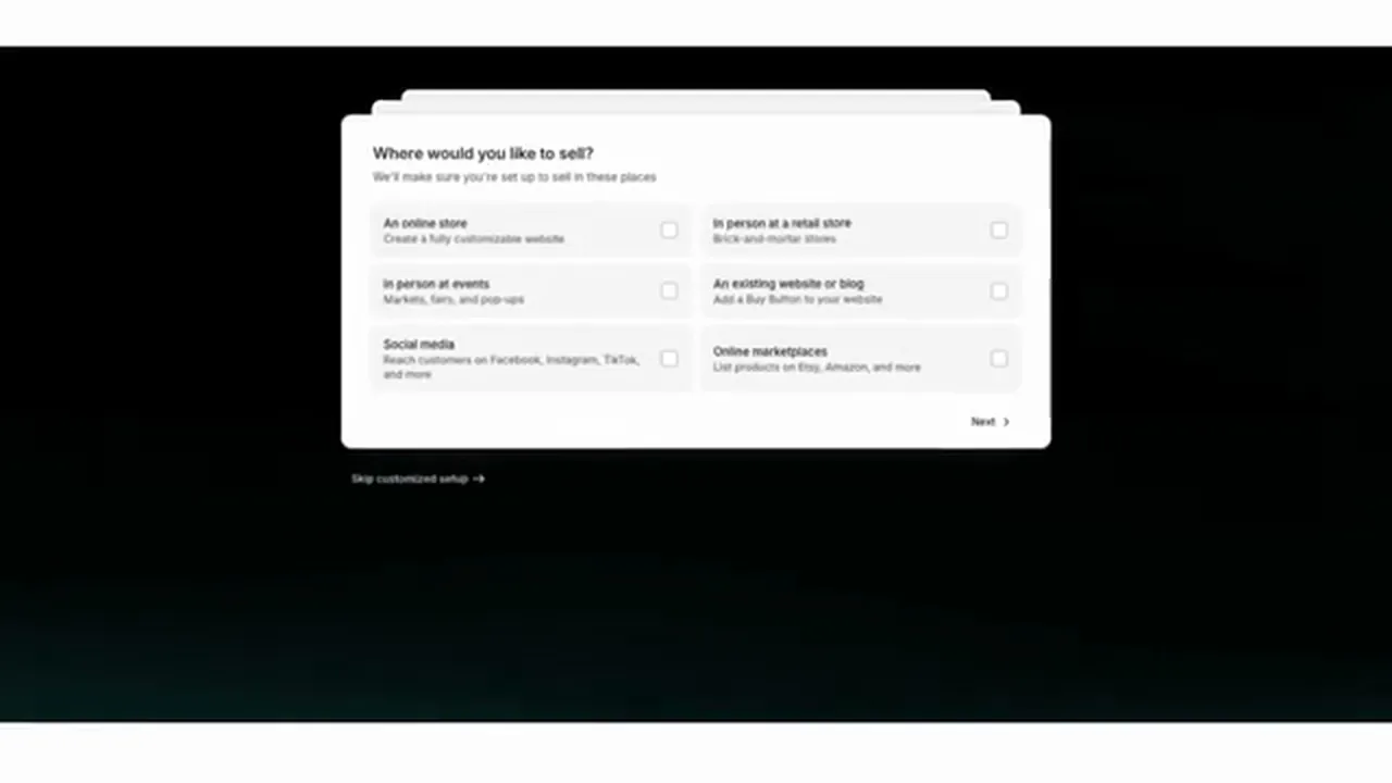 Shopify's Where would you like to sell screen with six checkboxes: an online store, in person at a retail store, in person at events, an existing website or blog, social media, and online marketplaces