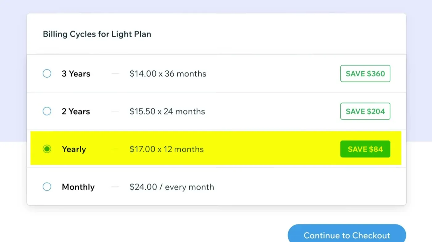 Wix's billing cycle choices for the Light plan: 3 years at $14.00 a month, 2 years at $15.50, yearly at $17.00 and monthly at $24.00