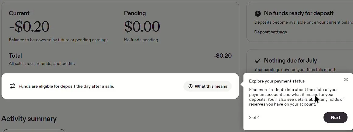 An Etsy Payment account with a tour popup titled Explore your payment status, step 2 of 4, saying you'll see details about any holds or reserves on your account