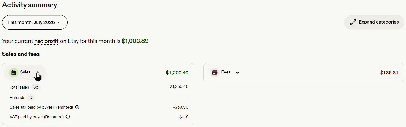 The Sales box of an Etsy seller's Payment account opened, listing 85 total sales of $1,255.46, no refunds, sales tax paid by buyer remitted of minus $53.90 and VAT paid by buyer remitted of minus $1.16