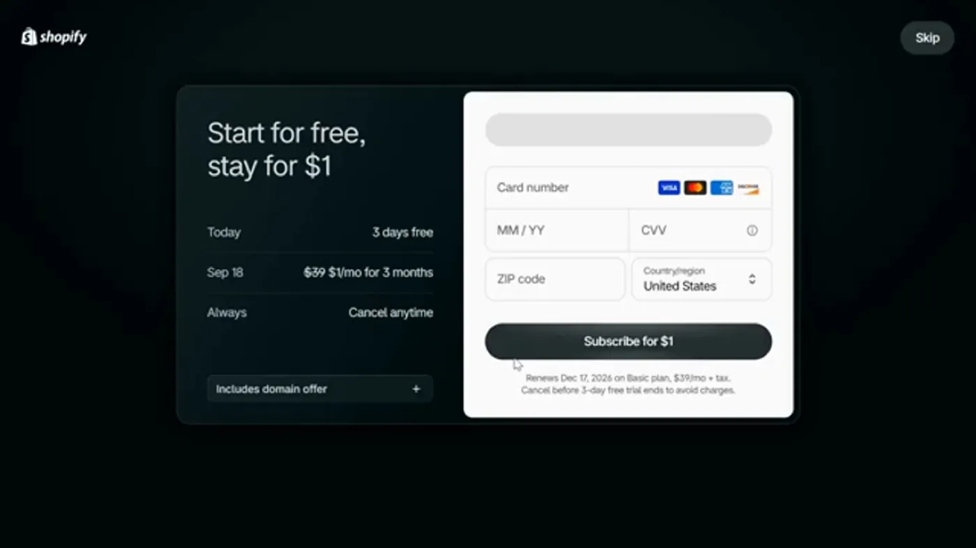 Shopify's card screen reading Start for free, stay for $1, with the rows Today 3 days free and Sep 18 $39 crossed out then $1 a month for 3 months. The fine print says the plan renews on the Basic plan at $39 a month plus tax.