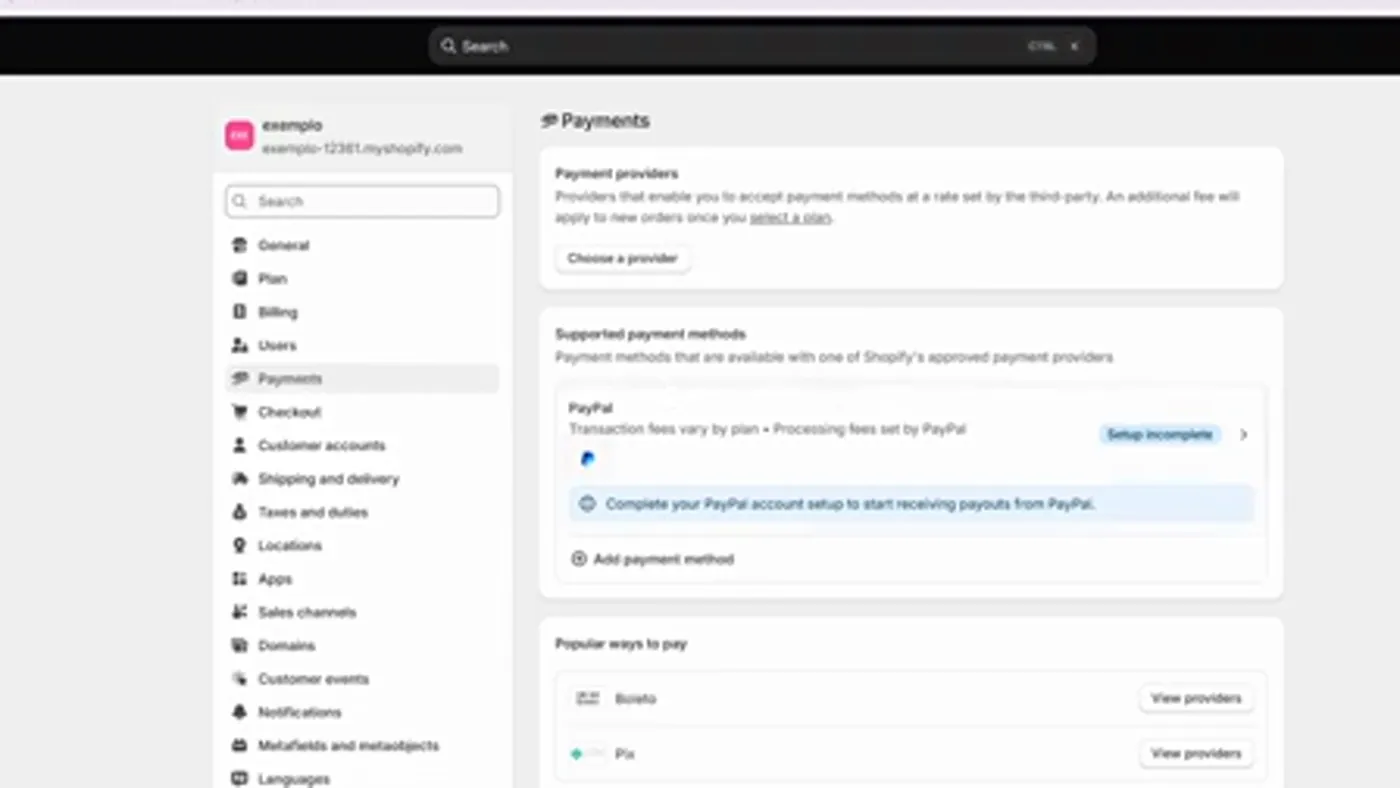Shopify's Payments settings page for a store without Shopify Payments. The Payment providers box says an additional fee will apply to new orders once you select a plan, and the PayPal row says transaction fees vary by plan and processing fees are set by PayPal.