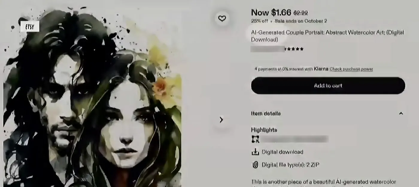 An Etsy listing page for a digital download titled AI-Generated Couple Portrait, Abstract Watercolor Art, showing a sale price of $1.66, a Digital download highlight, and a description that says the piece is AI-generated. The seller's name is blurred.