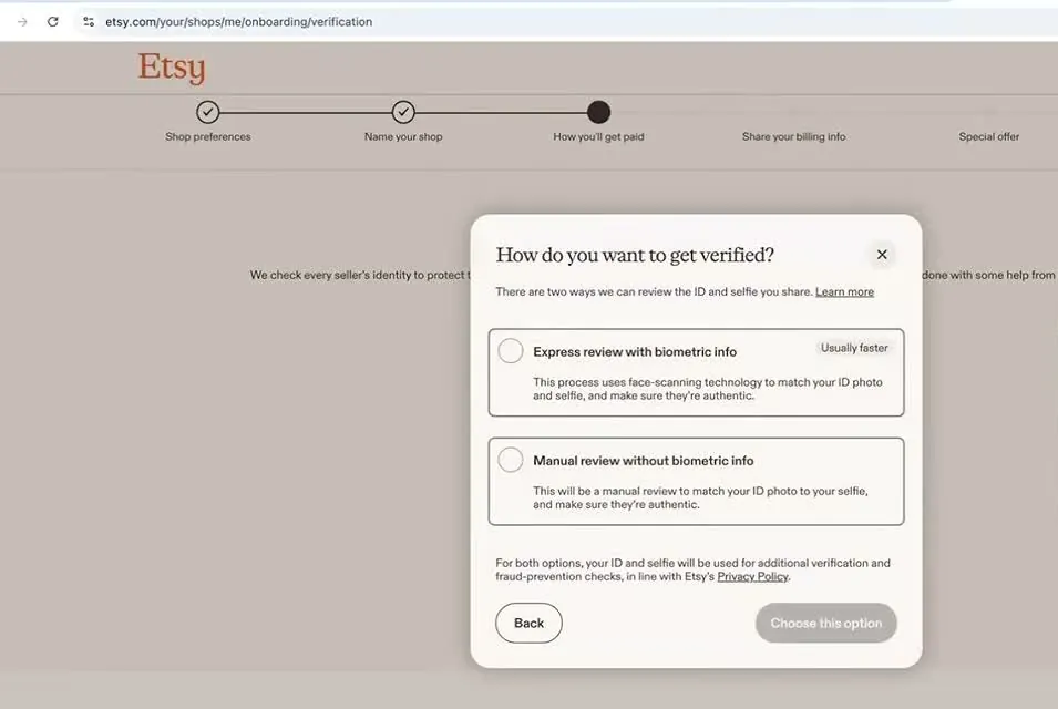 Etsy's How do you want to get verified box with two choices: Express review with biometric info, marked Usually faster, and Manual review without biometric info, plus Back and Choose this option buttons