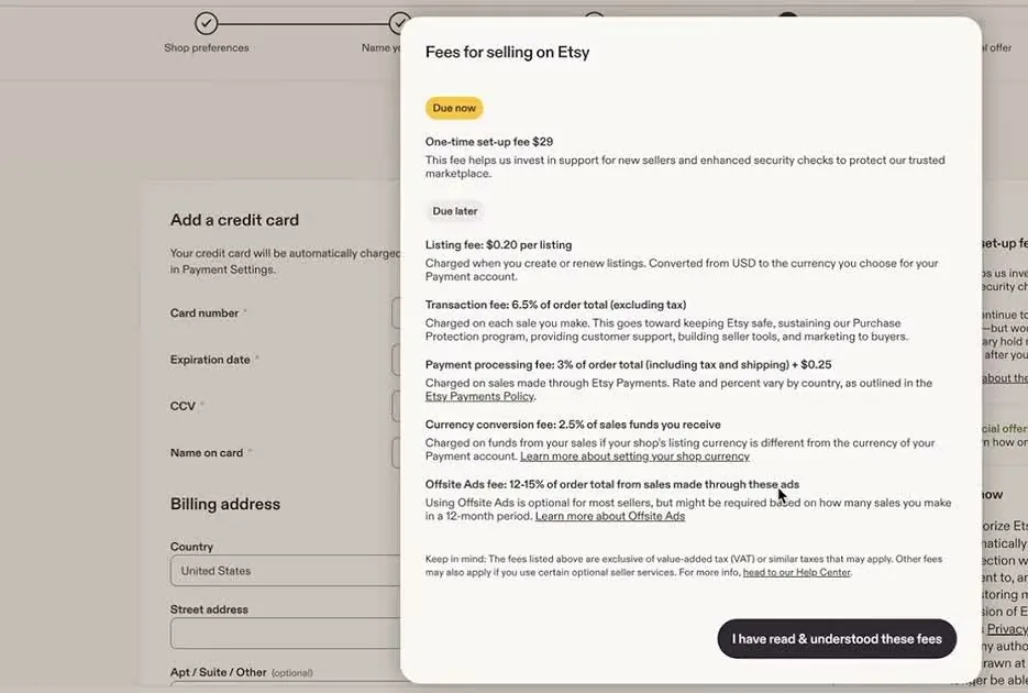 Etsy's Fees for selling on Etsy pop-up with a Due now section showing a one-time set-up fee of $29 and a Due later section listing listing fee, transaction fee, payment processing fee, currency conversion fee and Offsite Ads fee, with an I have read and understood these fees button