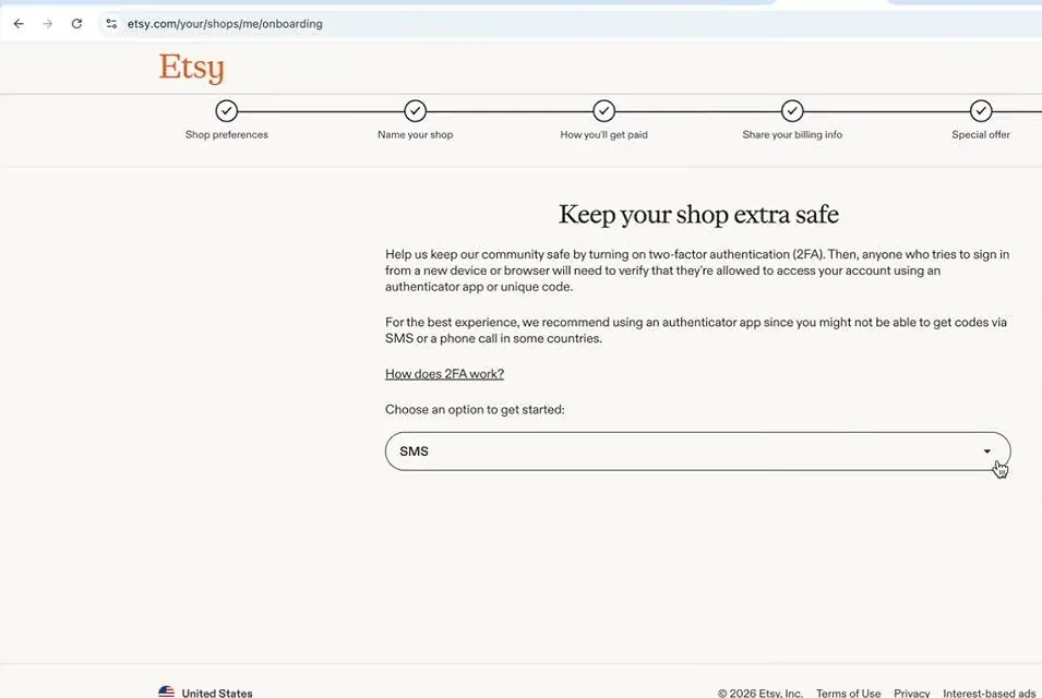 Etsy's Keep your shop extra safe screen explaining two-factor authentication, with a drop-down menu set to SMS under the line Choose an option to get started