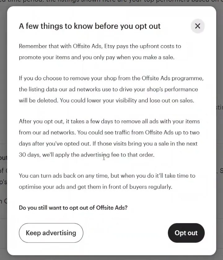 Etsy's box titled A few things to know before you opt out, explaining that Etsy pays the upfront costs, listing data will be deleted, ads take a few days to be removed, and visits that lead to a sale in 30 days still carry the fee, with Keep advertising and Opt out buttons