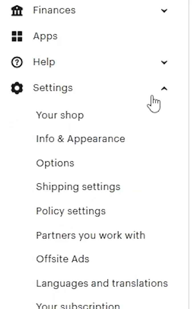 The Settings list in Etsy's Shop Manager left menu opened, with Offsite Ads sitting between Partners you work with and Languages and translations