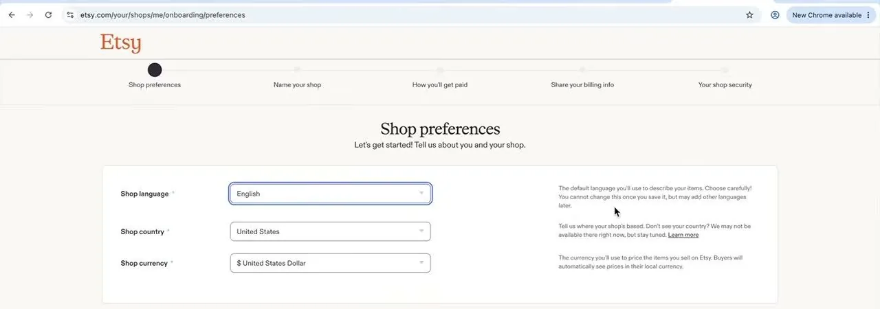 Etsy's Shop preferences screen with three drop-down menus: Shop language set to English, Shop country set to United States and Shop currency set to United States Dollar, with a note on the right saying the language can't be changed once saved