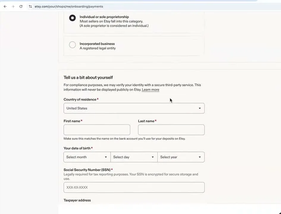 Etsy's Tell us a bit about yourself form with empty boxes for country of residence, first name, last name, date of birth and Social Security number, and a note that the Social Security number is legally required for tax reporting and is encrypted