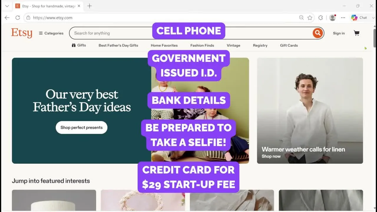 Etsy's home page with five purple text boxes laid over it reading Cell phone, Government issued I.D., Bank details, Be prepared to take a selfie, and Credit card for $29 start-up fee