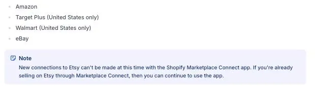 Shopify's Marketplace Connect help page listing Amazon, Target Plus, Walmart and eBay, with a note below saying new connections to Etsy can't be made at this time