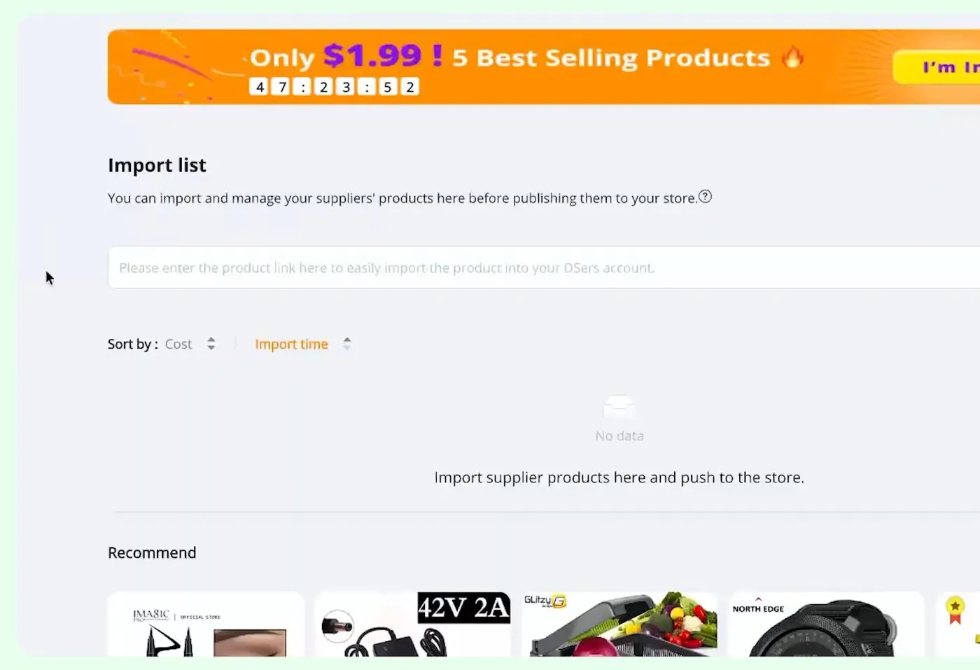 DSers Import list page with an empty list reading No data and a box that asks for the product link