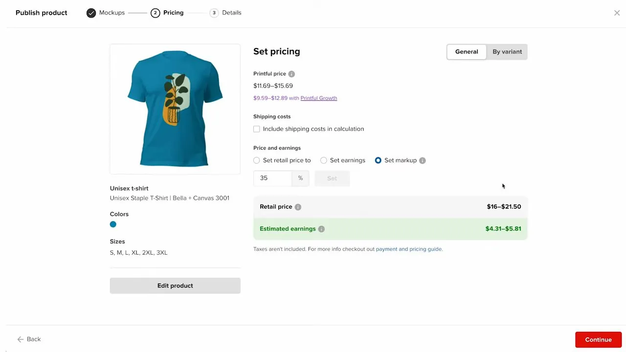 Printful Set pricing screen showing the Printful price, an unticked Include shipping costs in calculation box, a Set markup box with 35 percent, a retail price range and an estimated earnings range