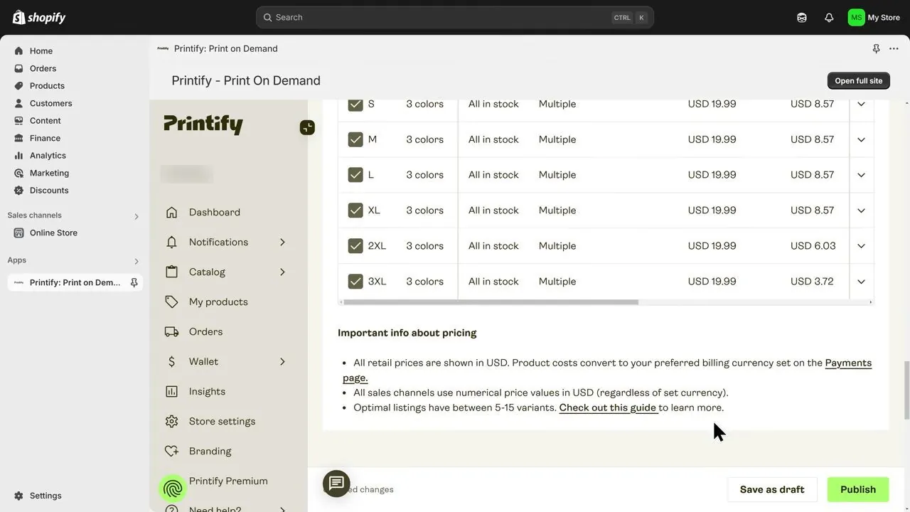 Printify Pricing table after setting one retail price of 19.99 dollars for all sizes, showing profit of 8.57 dollars for S to XL, 6.03 for 2XL and 3.72 for 3XL, above an Important info about pricing note