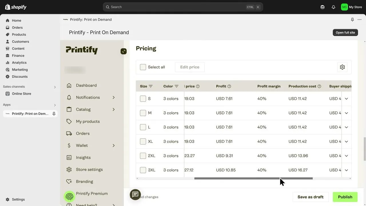 Printify Pricing table inside Shopify with columns for retail price, profit, profit margin, production cost and buyer shipping cost, and rows for sizes S, M, L, XL, 2XL and 3XL, with production cost 11.42 dollars for S to XL, 13.96 for 2XL and 16.27 for 3XL