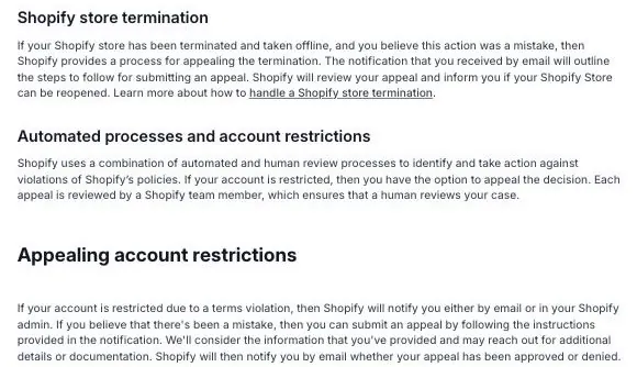 Shopify's Resolving terms violations help page with the sections on store termination, automated processes and account restrictions, and appealing account restrictions