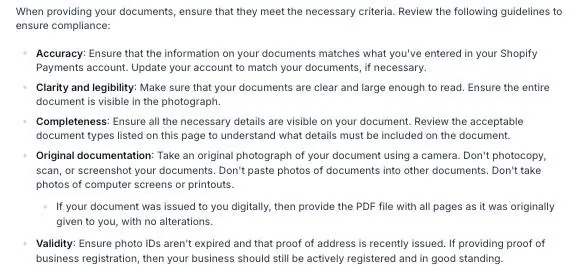 Shopify's US requirements page listing document guidelines: accuracy, clarity, completeness, original documentation with an instruction to photograph the original with a camera and not photocopy, scan or screenshot it, and validity