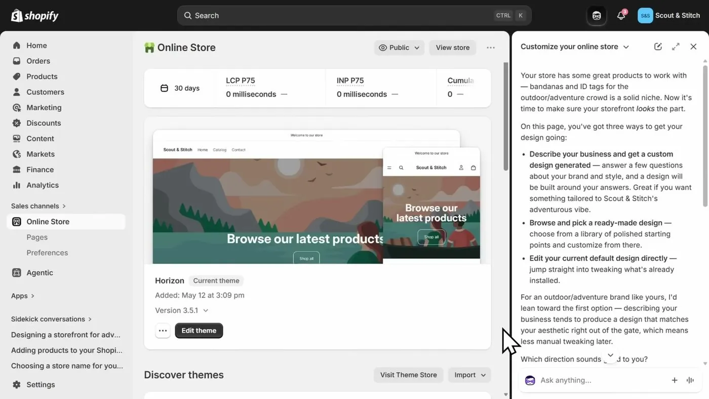 Shopify's Online Store page showing a Public menu and View store button at the top, the Horizon theme marked Current theme with an Edit theme button, and a Visit Theme Store button