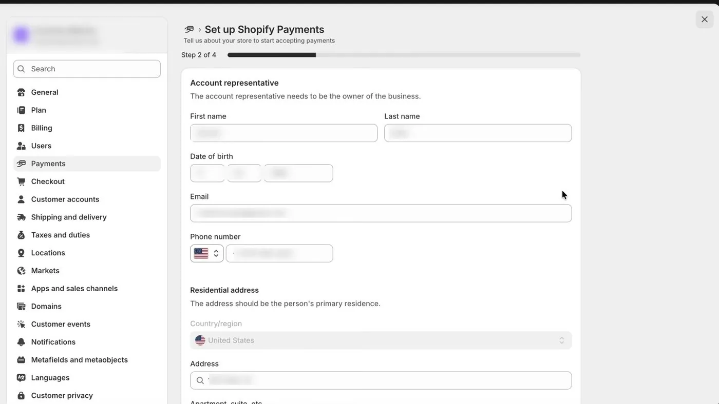 Shopify Payments account representative form with boxes for first name, last name, date of birth, email, phone number and residential address, with the entries blurred out