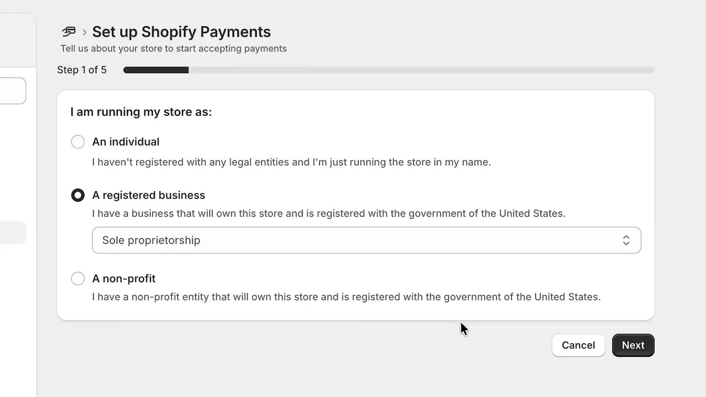 Shopify Payments setup screen titled I am running my store as, with three choices: An individual, A registered business with a menu set to Sole proprietorship, and A non-profit