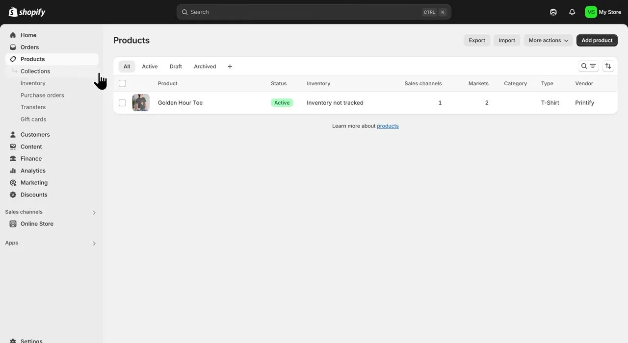 Shopify admin Products list with All, Active, Draft and Archived tabs, showing one product named Golden Hour Tee with a green Active label, type T-Shirt and vendor Printify