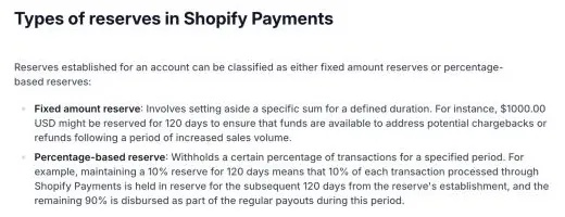 Shopify's reserves help page section Types of reserves in Shopify Payments, describing a fixed amount reserve of $1000 for 120 days and a percentage-based reserve of 10% for 120 days