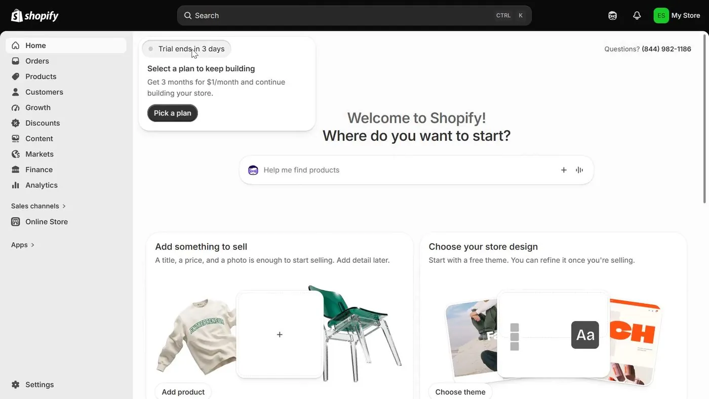 Shopify's admin home with a card reading Trial ends in 3 days, Select a plan to keep building, Get 3 months for $1 a month and continue building your store, and a Pick a plan button