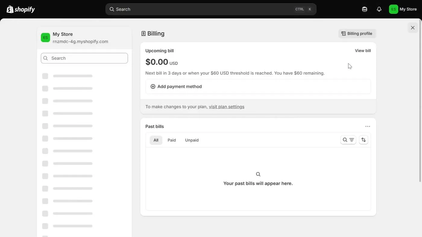 Shopify's Settings Billing screen showing an upcoming bill of $0.00 USD and an Add payment method button, with an empty list of past bills
