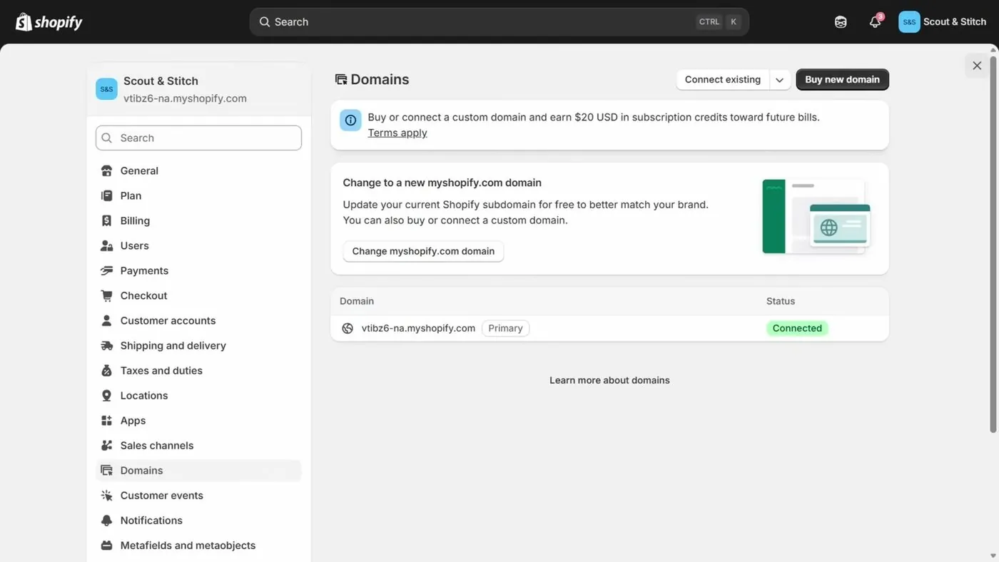 Shopify's Domains page with a Connect existing button, a black Buy new domain button, a Change myshopify.com domain button and a list showing one myshopify.com address marked Primary and Connected
