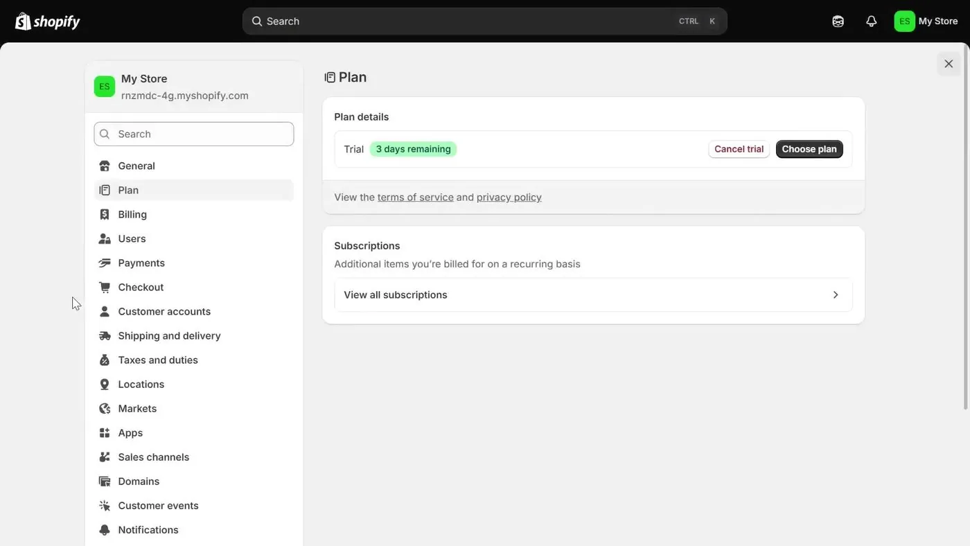 Shopify's Settings Plan page showing Trial with 3 days remaining, a Cancel trial button and a black Choose plan button