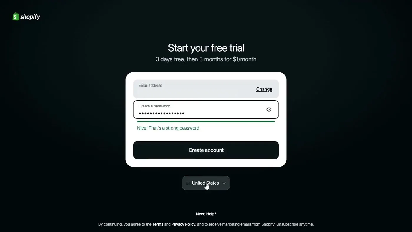 Shopify's Start your free trial screen reading 3 days free, then 3 months for $1 a month, with a password box, a black Create account button and a United States country menu