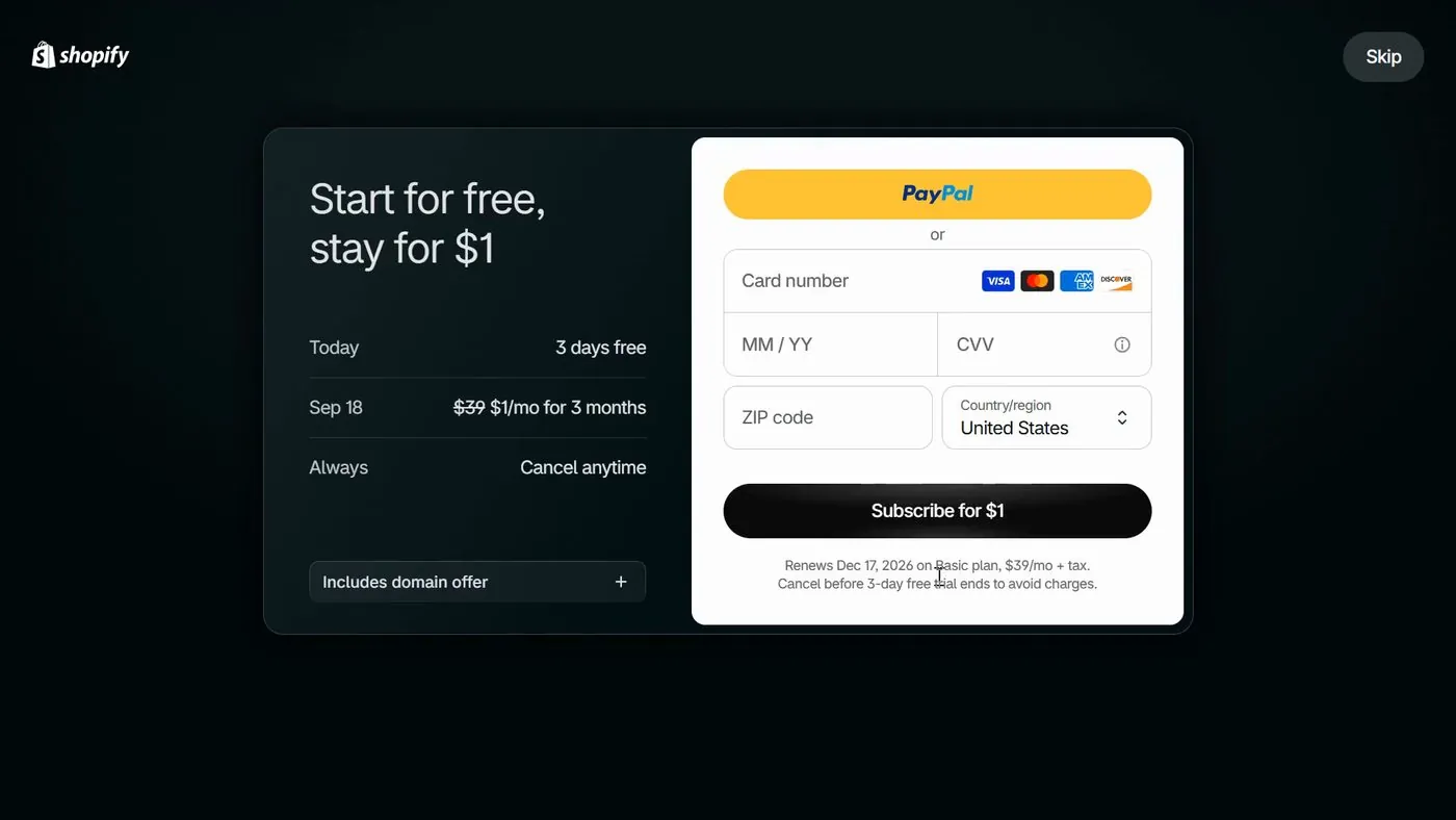 Shopify's Start for free, stay for $1 screen with rows for Today, Sep 18 and Always, a PayPal button, a card form, a black Subscribe for $1 button and a Skip button in the top right corner