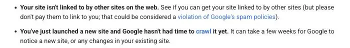 Google Search Central's page on getting on Google, showing the reason that reads You've just launched a new site and Google hasn't had time to crawl it yet, with the line It can take a few weeks for Google to notice a new site