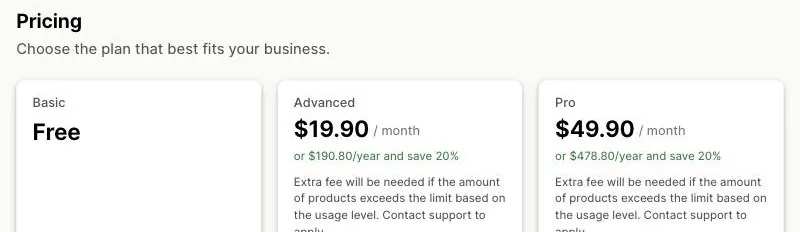 The Pricing section of the DSers listing on the Shopify App Store, showing a Basic plan at Free, Advanced at $19.90 a month or $190.80 a year, and Pro at $49.90 a month or $478.80 a year, each paid plan with a note that an extra fee applies if the product count goes over the limit